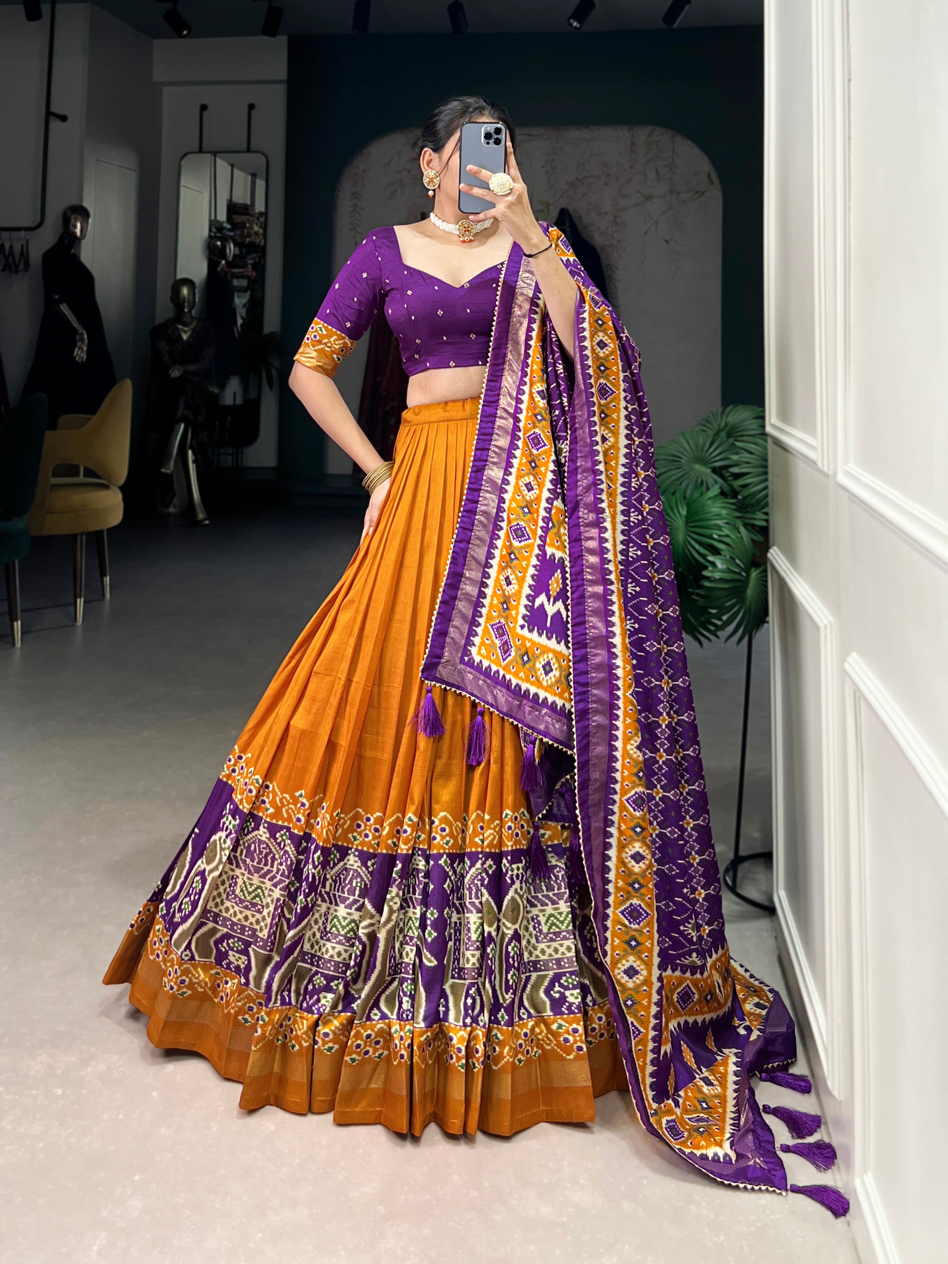 πͺ· Infuse Your Wardrobe with Southern Grace πͺ· Silk Kalamkari Print Lehenga Choli with Foil Work Border - Navratri